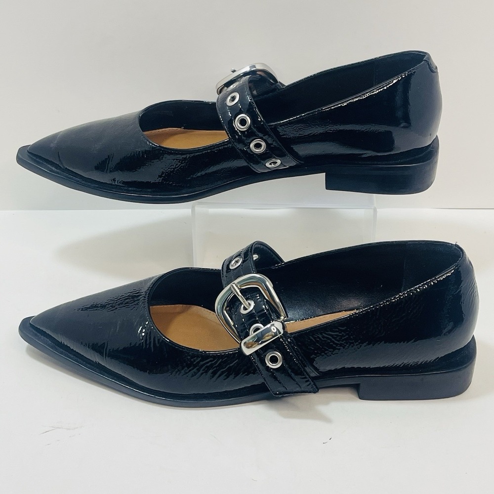 Maeve Pointed-Toe Moto Mary Jane Flats Black Patent Leather – Size 40  US 9-9.5 - Picture 6 of 9